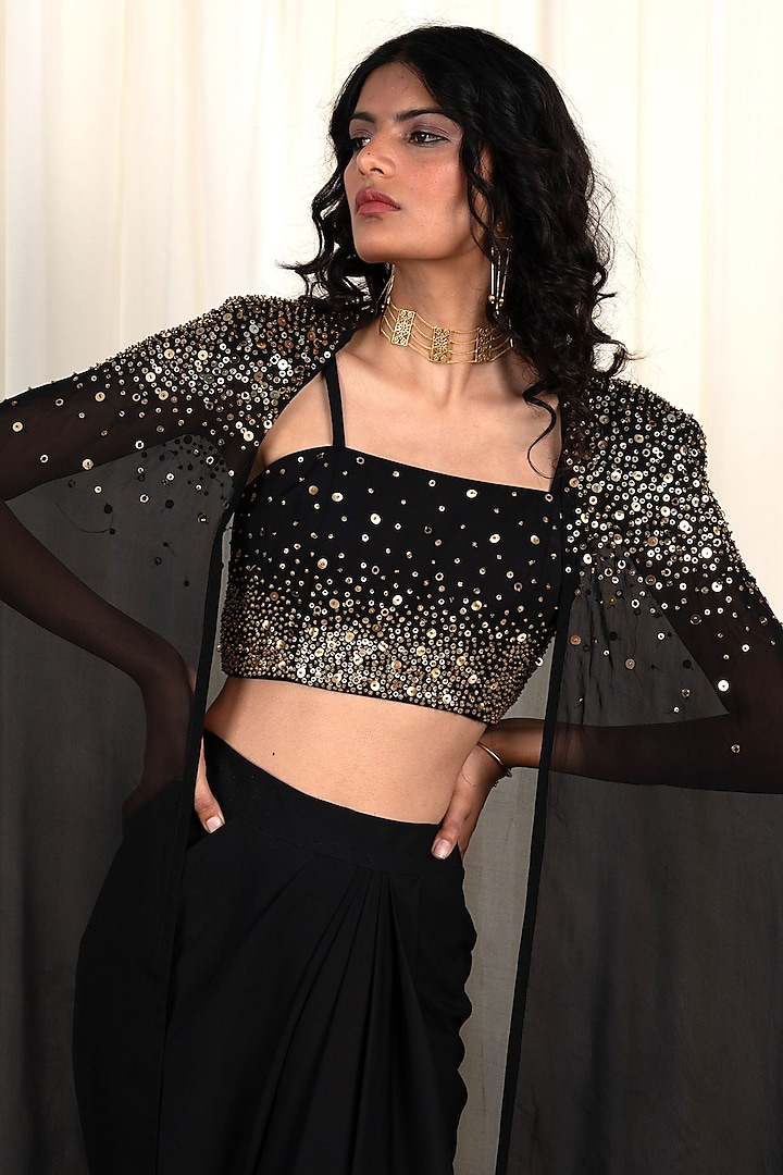 Black Organza & Crepe Hand Embroidered Cape Set by Rirasa at Pernia's Pop Up Shop