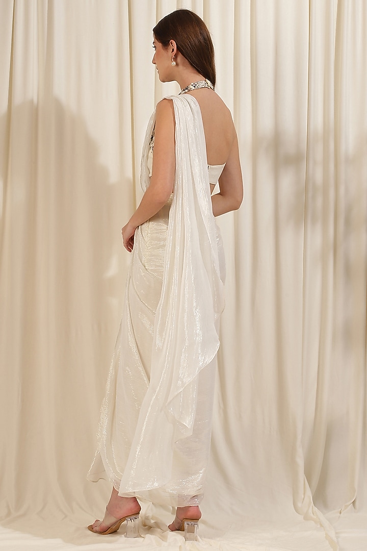 Ivory Lurex Georgette Draped Skirt Party Wear Saree Set by Rirasa at Pernia's Pop Up Shop
