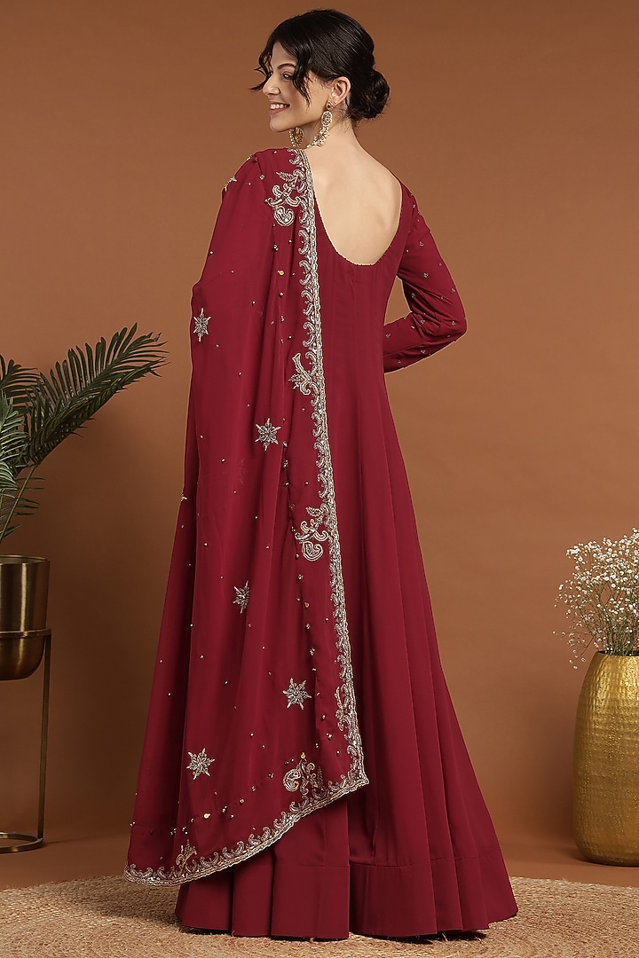 Maroon Georgette Embroidered Party Wear Anarkali Set by Rirasa at Pernia's Pop Up Shop