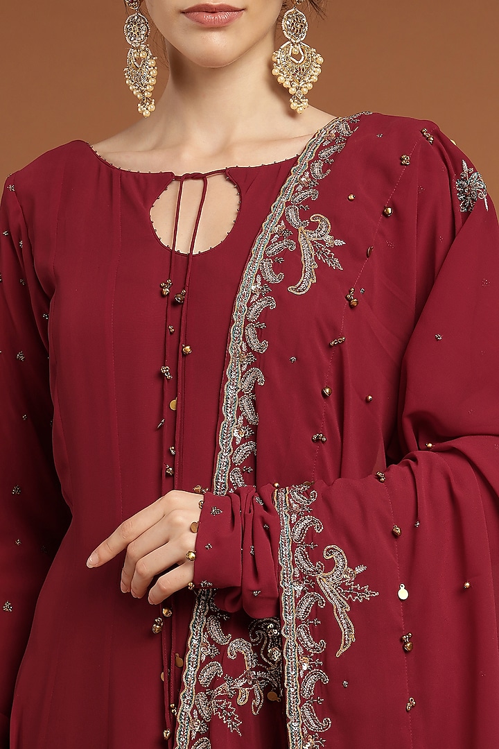 Maroon Georgette Embroidered Party Wear Anarkali Set by Rirasa at Pernia's Pop Up Shop
