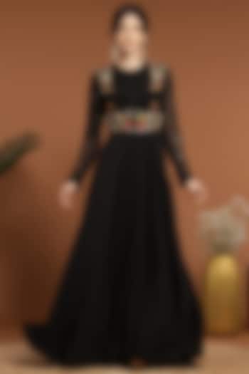 Black Georgette Embroidered Jacket Party Wear Anarkali Set by Rirasa at Pernia's Pop Up Shop