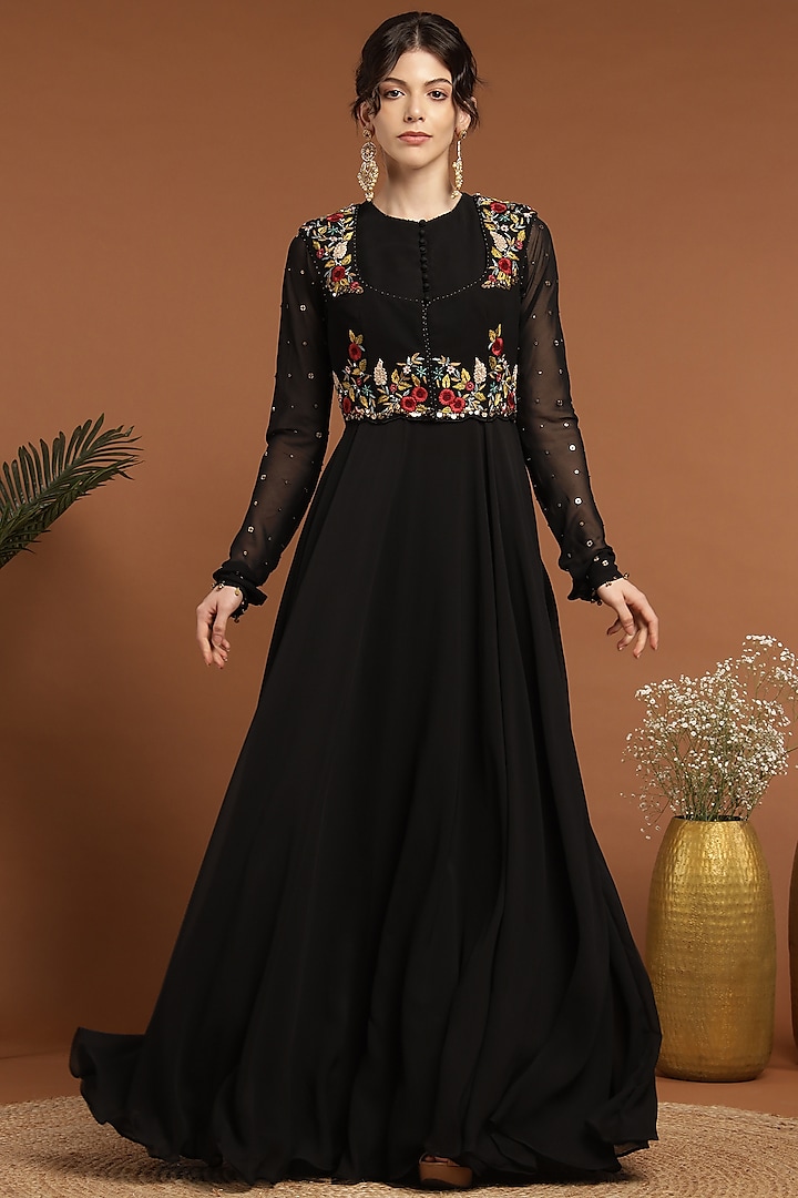 Black Georgette Embroidered Jacket Party Wear Anarkali Set by Rirasa at Pernia's Pop Up Shop