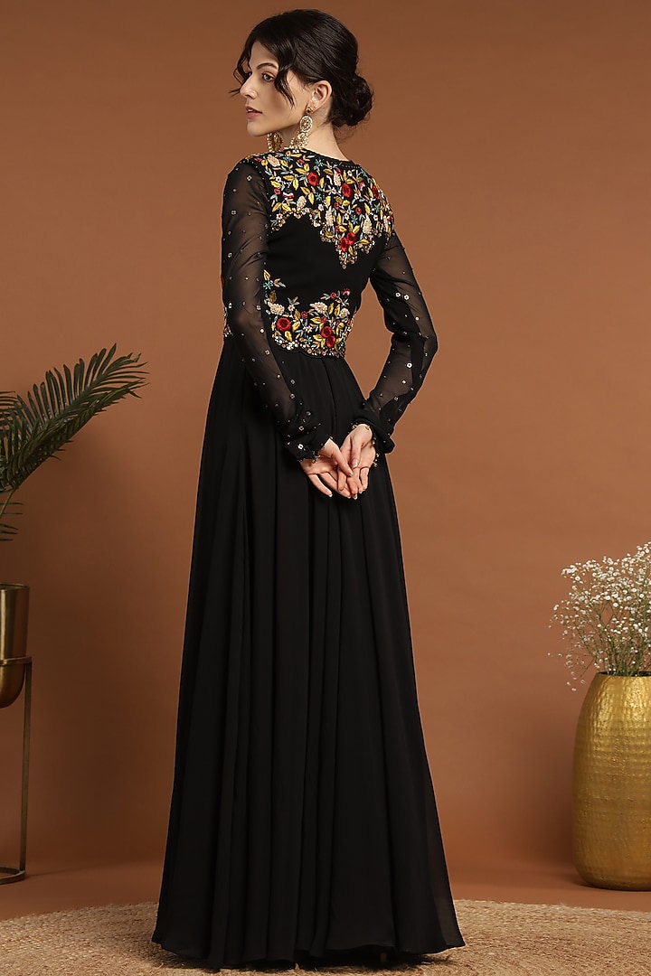 Black Georgette Embroidered Jacket Party Wear Anarkali Set by Rirasa at Pernia's Pop Up Shop