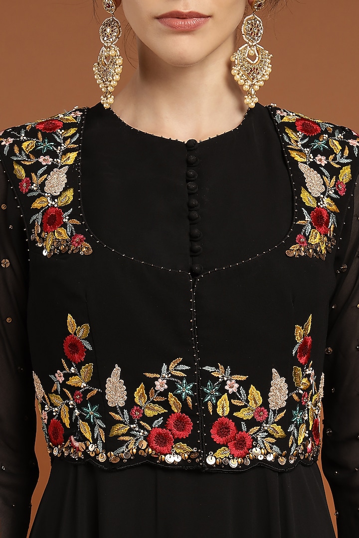Black Georgette Embroidered Jacket Party Wear Anarkali Set by Rirasa at Pernia's Pop Up Shop