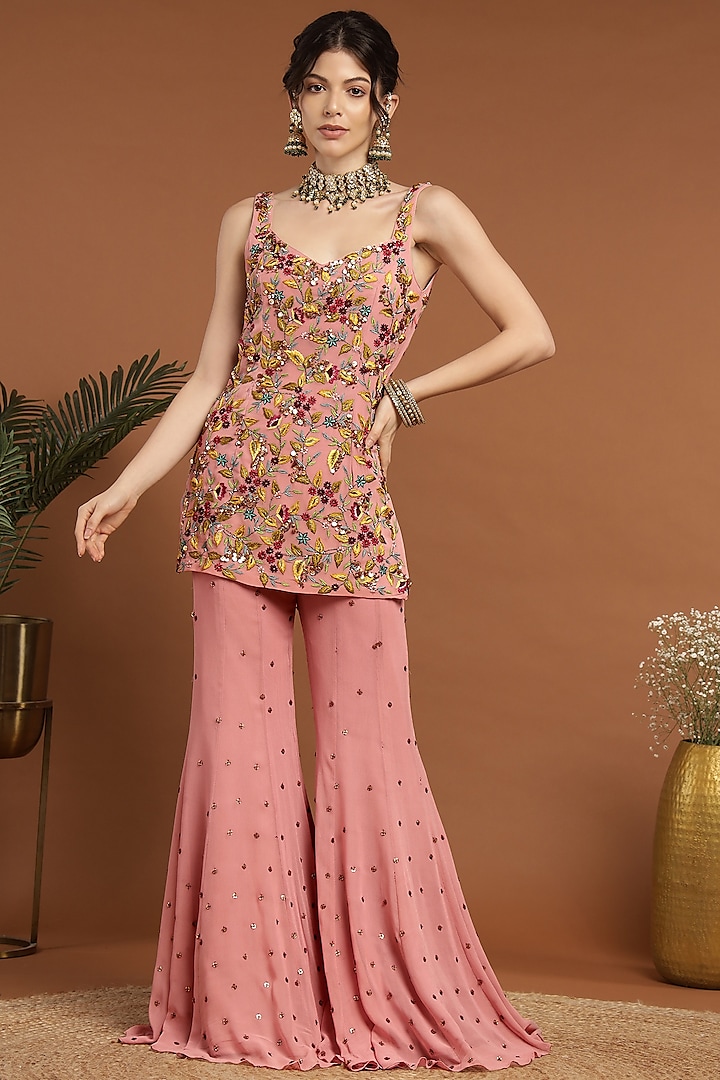 Patel Pink Georgette Hand Embroidered Wedding Sharara Set by Rirasa at Pernia's Pop Up Shop