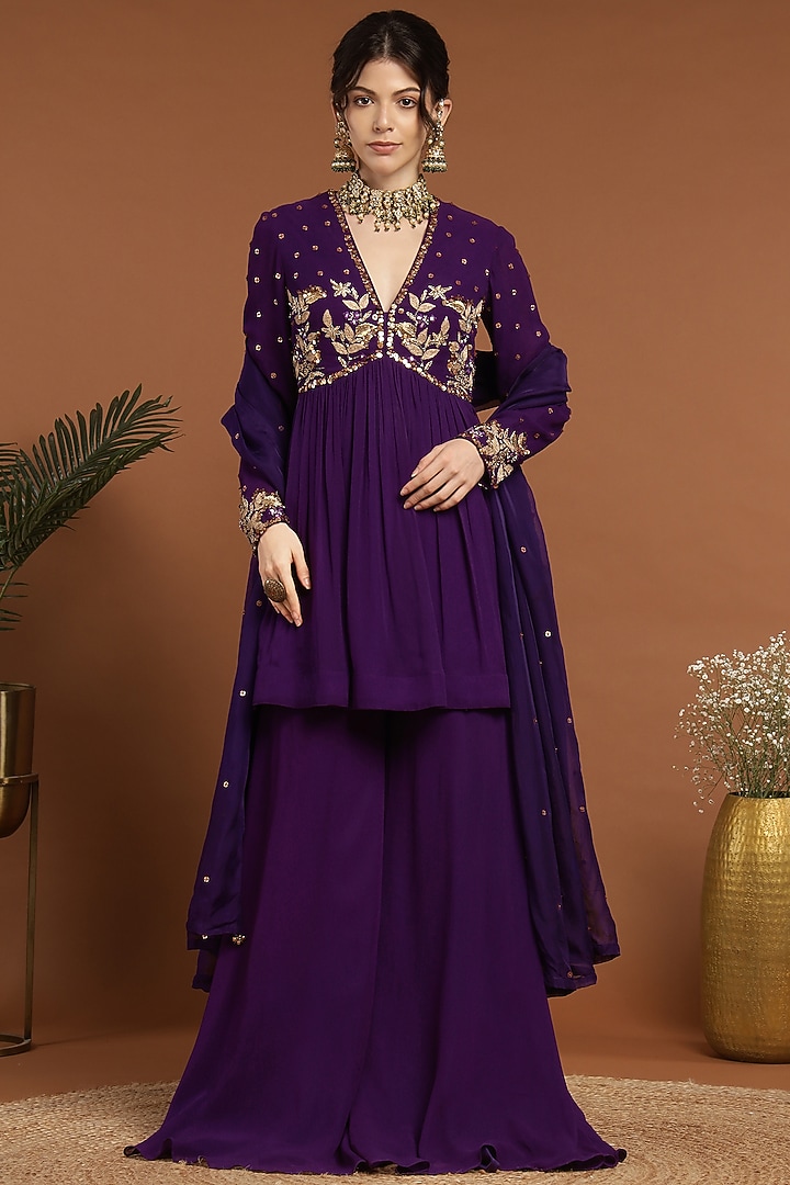 Purple Georgette Party Wear Sharara Set by Rirasa at Pernia's Pop Up Shop