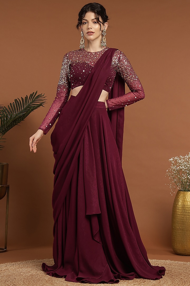 Wine Lurex Crepe Draped Lehenga Set by Rirasa at Pernia's Pop Up Shop