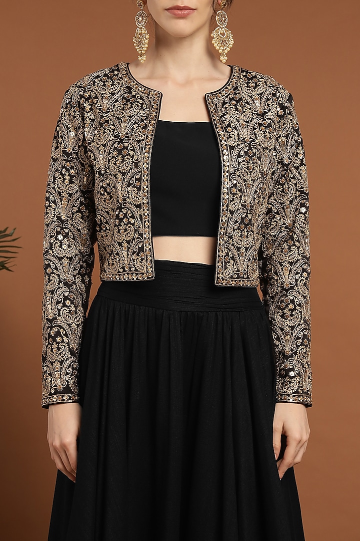 Black Silk Embroidered Jacket Set by Rirasa at Pernia's Pop Up Shop