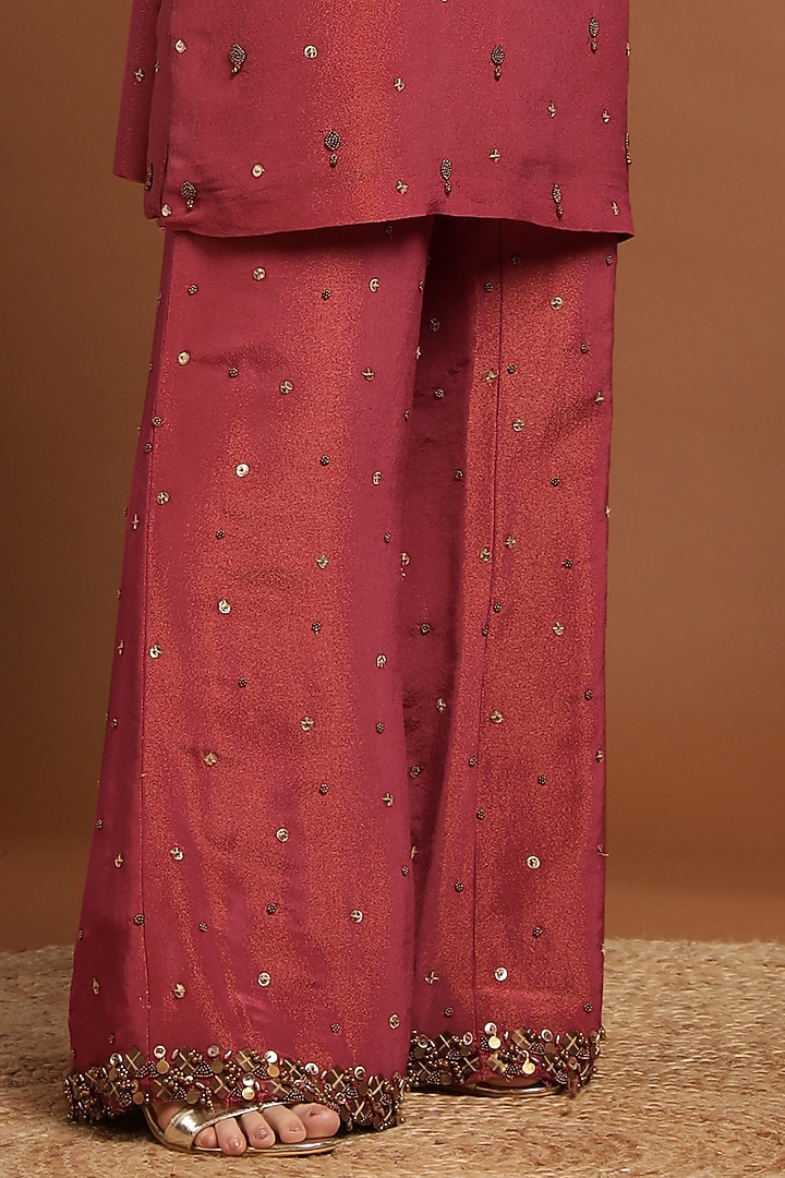 Peach Tissue Embroidered Kurta Set by Rirasa at Pernia's Pop Up Shop