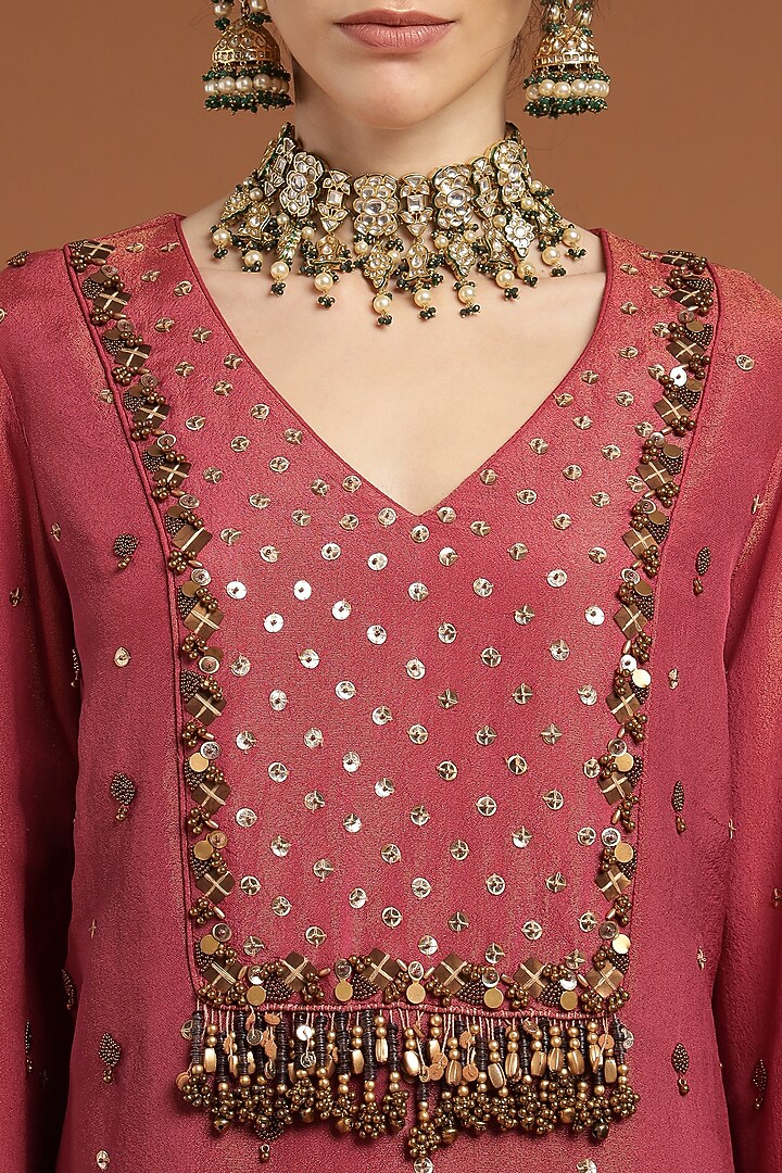 Peach Tissue Embroidered Kurta Set by Rirasa at Pernia's Pop Up Shop