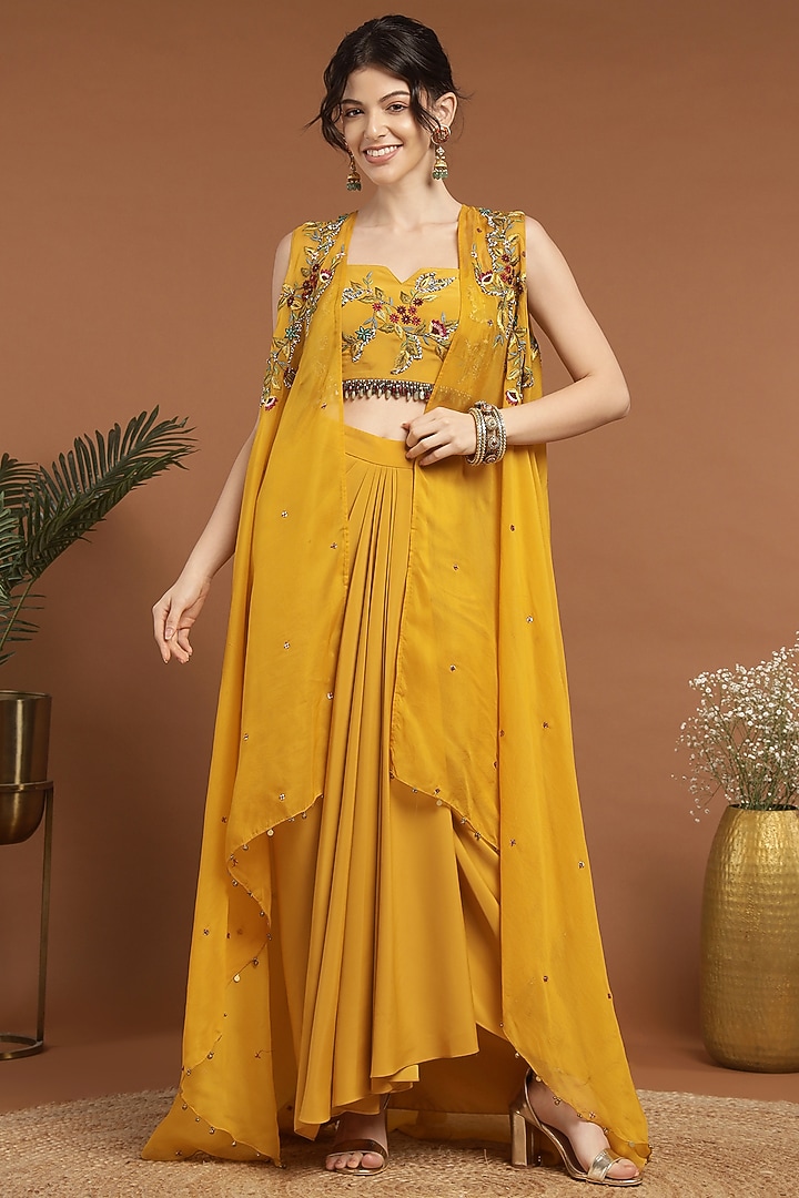 Yellow Organza & Crepe Embroidered Cape Set by Rirasa at Pernia's Pop Up Shop