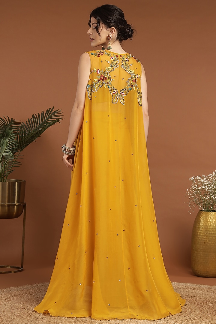 Yellow Organza & Crepe Embroidered Cape Set by Rirasa at Pernia's Pop Up Shop