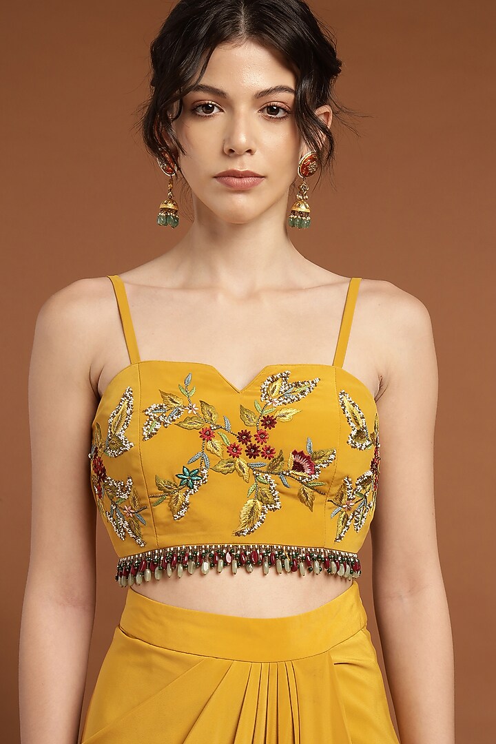 Yellow Organza & Crepe Embroidered Cape Set by Rirasa at Pernia's Pop Up Shop