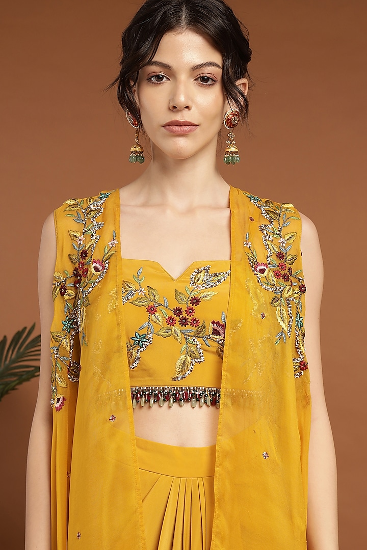 Yellow Organza & Crepe Embroidered Cape Set by Rirasa at Pernia's Pop Up Shop