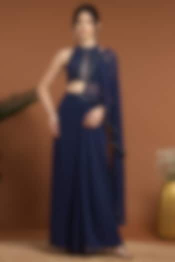 Blue Georgette & Net Embroidered Draped Party Wear Saree Set by Rirasa at Pernia's Pop Up Shop