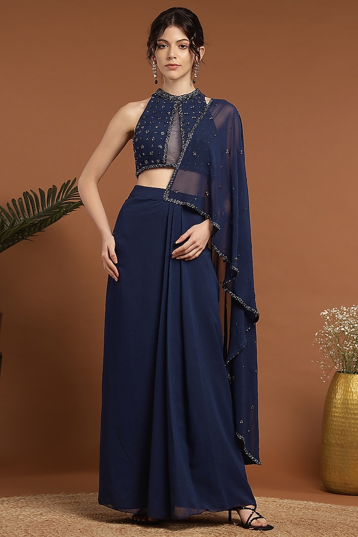 Blue Georgette & Net Embroidered Draped Party Wear Saree Set by Rirasa at Pernia's Pop Up Shop