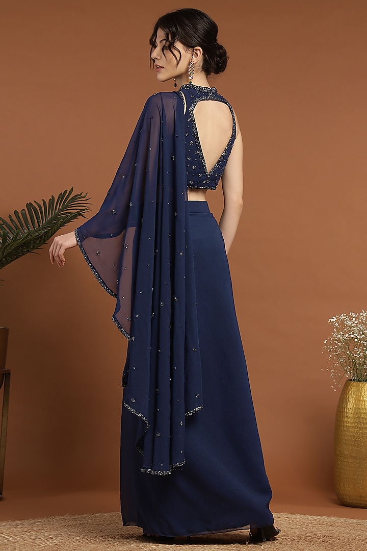 Blue Georgette & Net Embroidered Draped Party Wear Saree Set by Rirasa at Pernia's Pop Up Shop