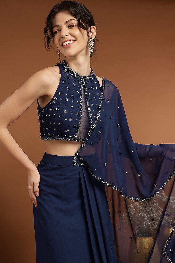 Blue Georgette & Net Embroidered Draped Party Wear Saree Set by Rirasa at Pernia's Pop Up Shop