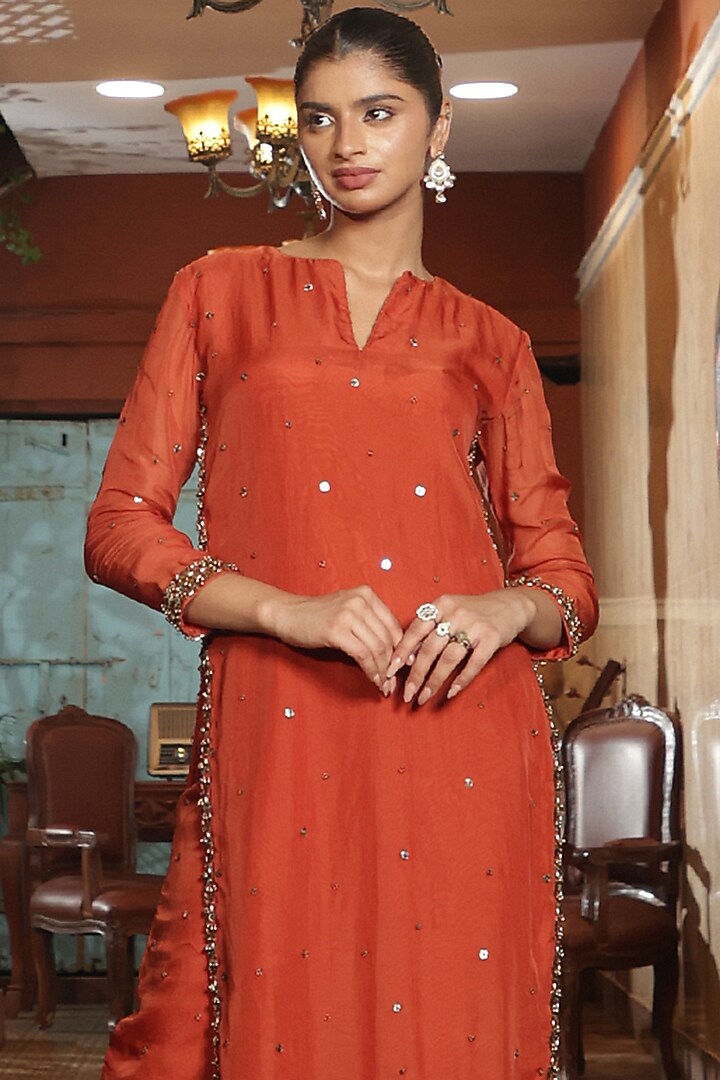 Orange Organza Hand Embroidered Kurta Set by Rirasa at Pernia's Pop Up Shop