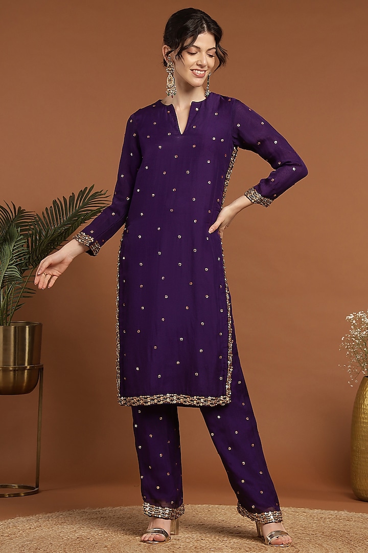 Purple Organza Embroidered Kurta Set by Rirasa at Pernia's Pop Up Shop