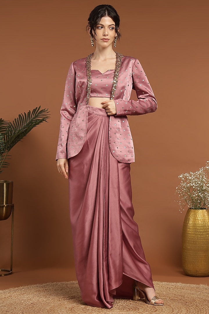 Pink Satin Embroidered Jacket Set by Rirasa at Pernia's Pop Up Shop