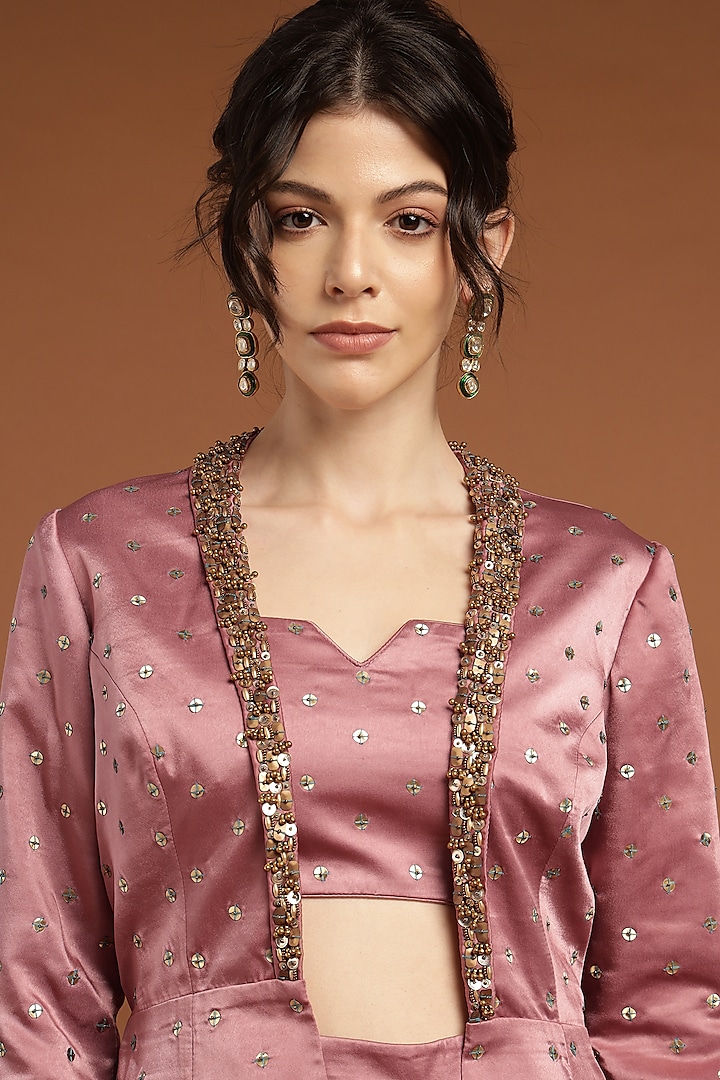 Pink Satin Embroidered Jacket Set by Rirasa at Pernia's Pop Up Shop