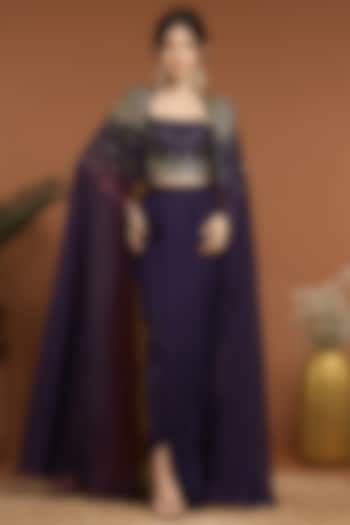 Purple Organza & Silk Hand Embroidered Cape Set by Rirasa at Pernia's Pop Up Shop