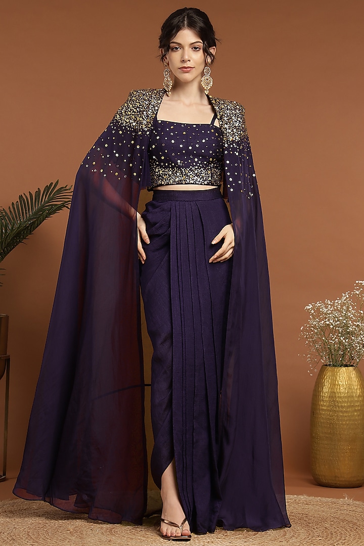 Purple Organza & Silk Hand Embroidered Cape Set by Rirasa at Pernia's Pop Up Shop