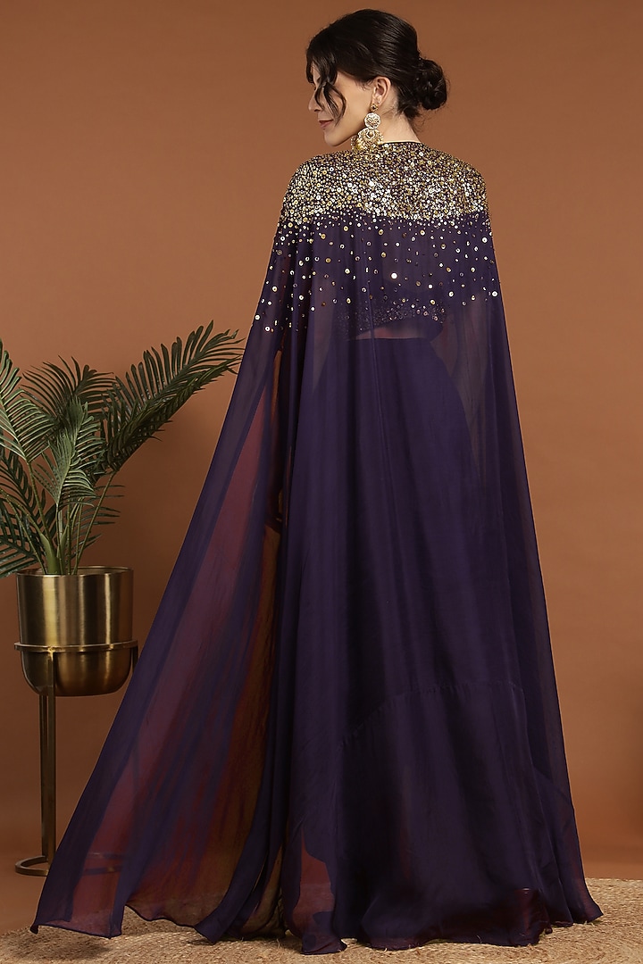 Purple Organza & Silk Hand Embroidered Cape Set by Rirasa at Pernia's Pop Up Shop
