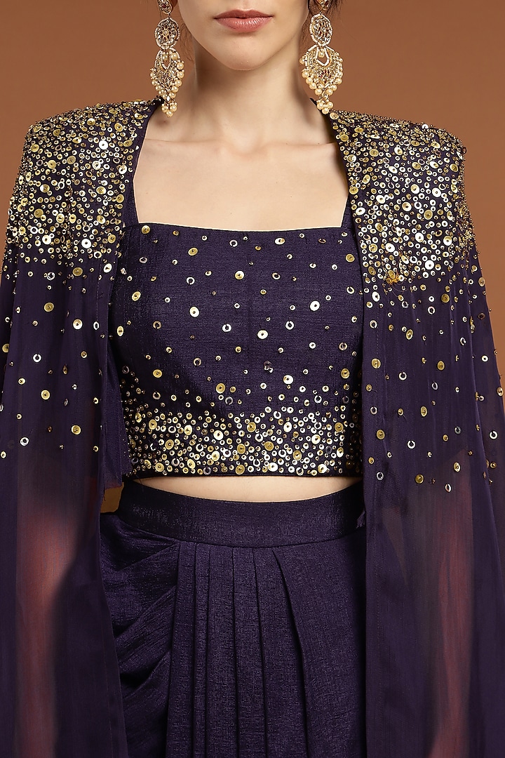 Purple Organza & Silk Hand Embroidered Cape Set by Rirasa at Pernia's Pop Up Shop