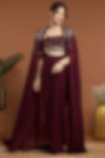 Maroon Organza & Silk Hand Embroidered Cape Set by Rirasa at Pernia's Pop Up Shop