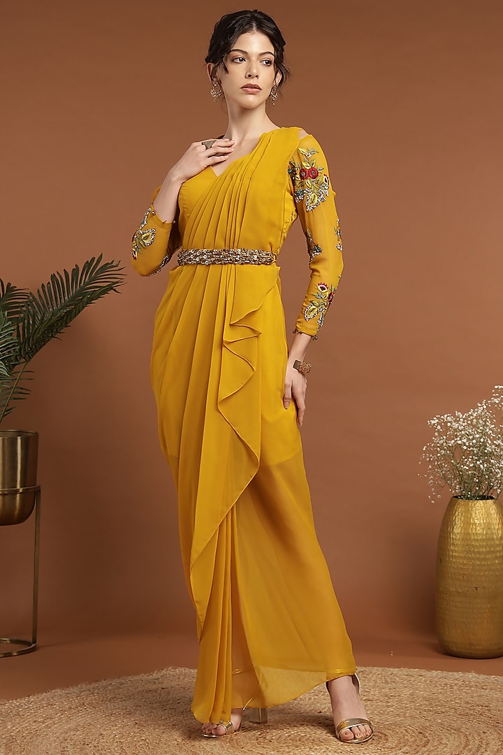 Yellow Georgette Hand Embroidered Draped Dress by Rirasa at Pernia's Pop Up Shop