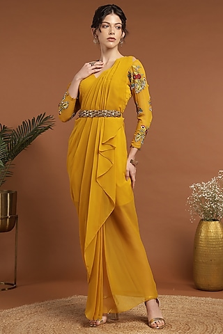 Yellow Georgette Hand Embroidered Draped Dress by Rirasa