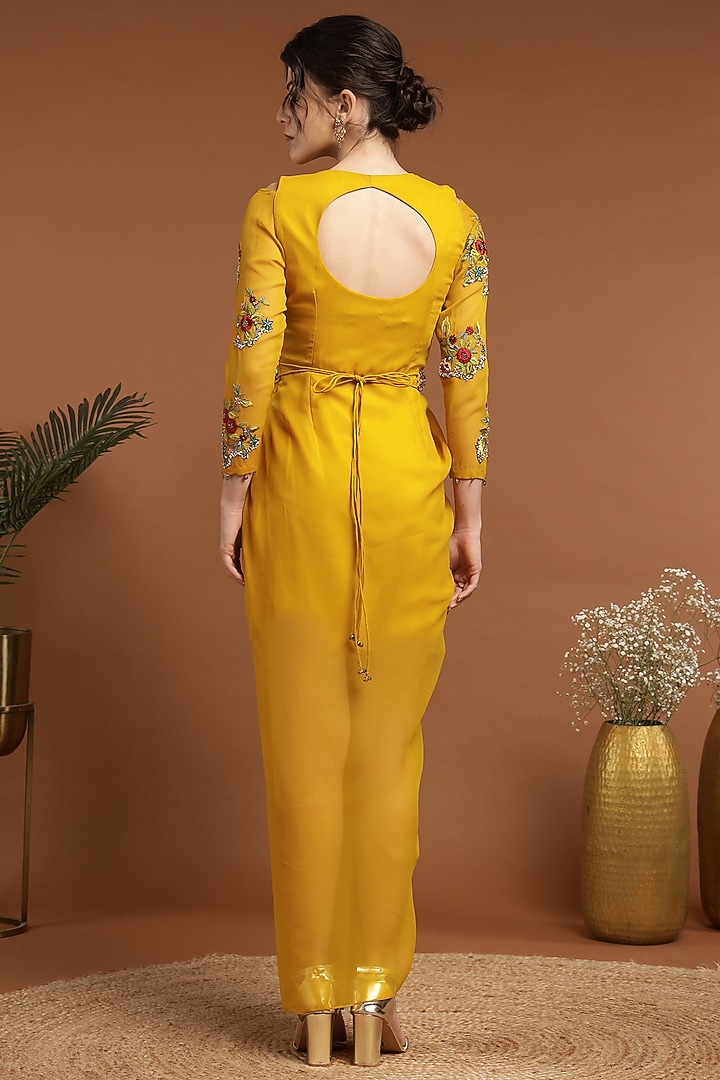 Yellow Georgette Hand Embroidered Draped Summer Dress by Rirasa at Pernia's Pop Up Shop