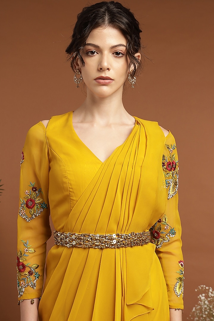Yellow Georgette Hand Embroidered Draped Summer Dress by Rirasa at Pernia's Pop Up Shop