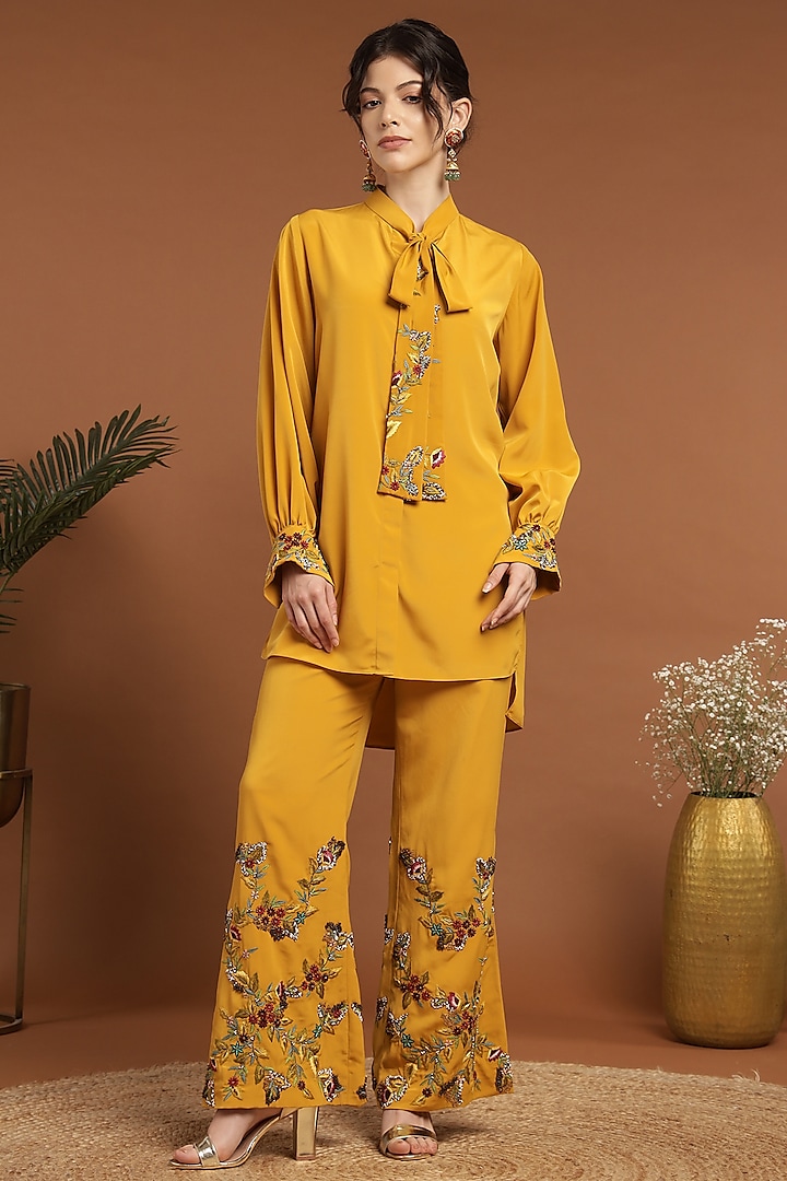 Yellow Crepe Hand Embroidered Shirt by Rirasa at Pernia's Pop Up Shop