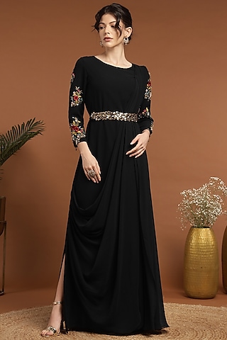Black Georgette Hand Embroidered Draped Dress by Rirasa
