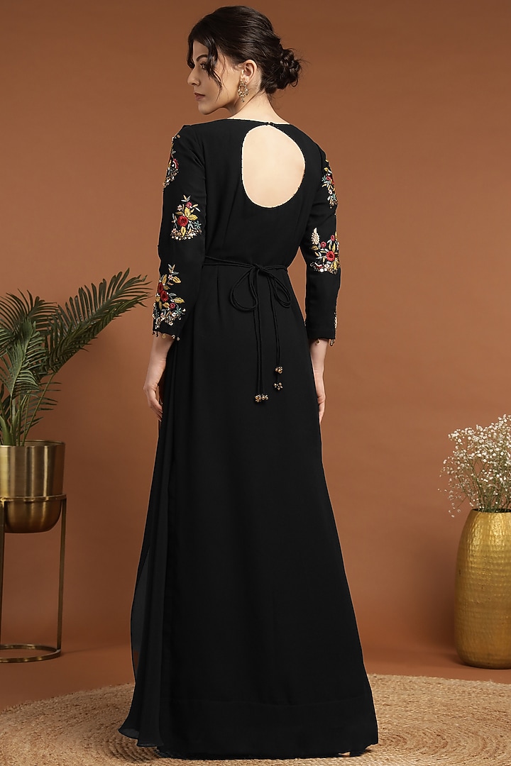 Black Georgette Hand Embroidered Draped Vacation Dress by Rirasa at Pernia's Pop Up Shop