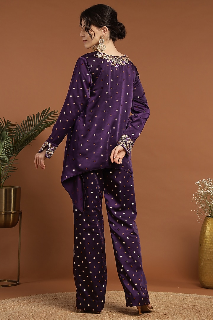 Purple Satin Embroidered Kurta Set by Rirasa at Pernia's Pop Up Shop