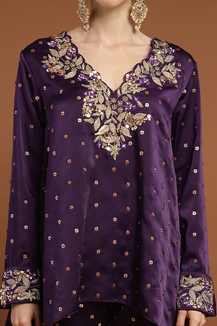 Purple Satin Embroidered Kurta Set by Rirasa at Pernia's Pop Up Shop