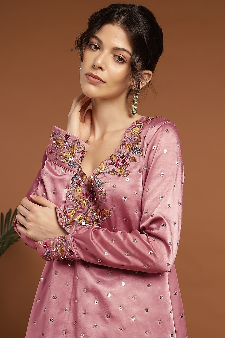 Pastel Pink Satin Hand Embroidered Kurta Set by Rirasa at Pernia's Pop Up Shop