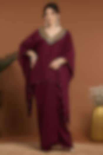 Maroon Lurex Crepe Hand Embroidered Kaftan Set by Rirasa at Pernia's Pop Up Shop