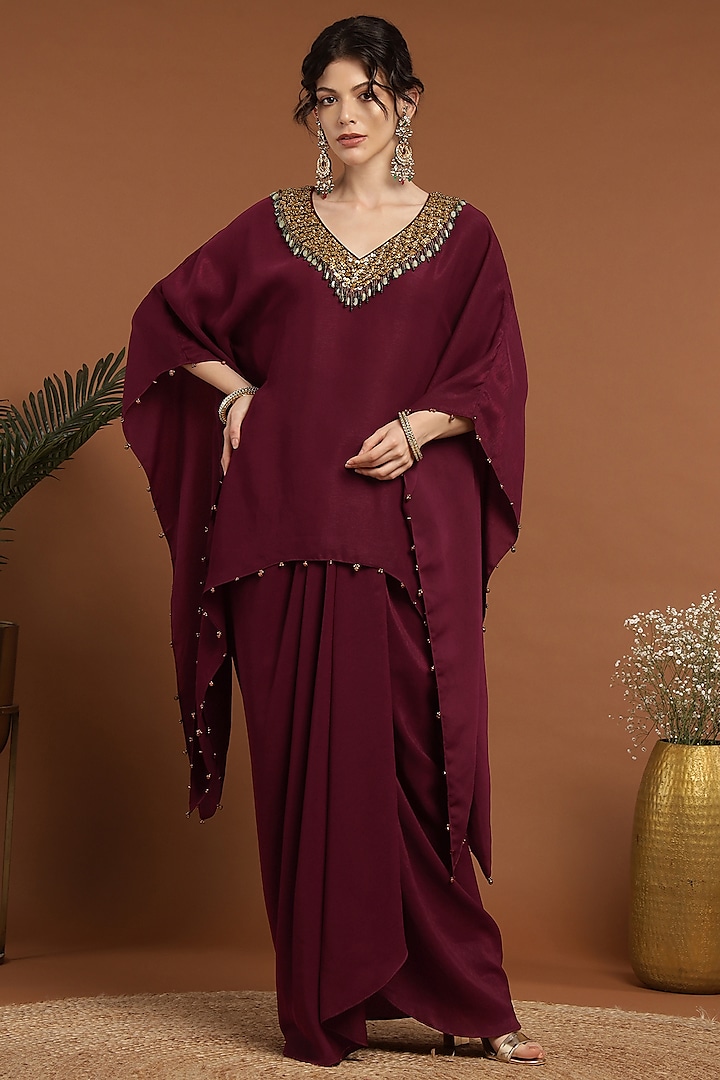 Maroon Lurex Crepe Hand Embroidered Kaftan Set by Rirasa at Pernia's Pop Up Shop