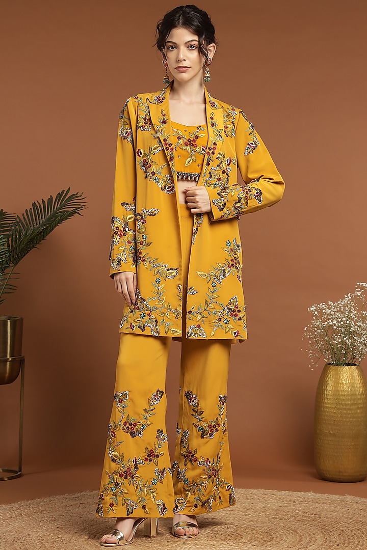 Mustard Yellow Crepe Hand & Machine Embroidered Jacket Set by Rirasa at Pernia's Pop Up Shop