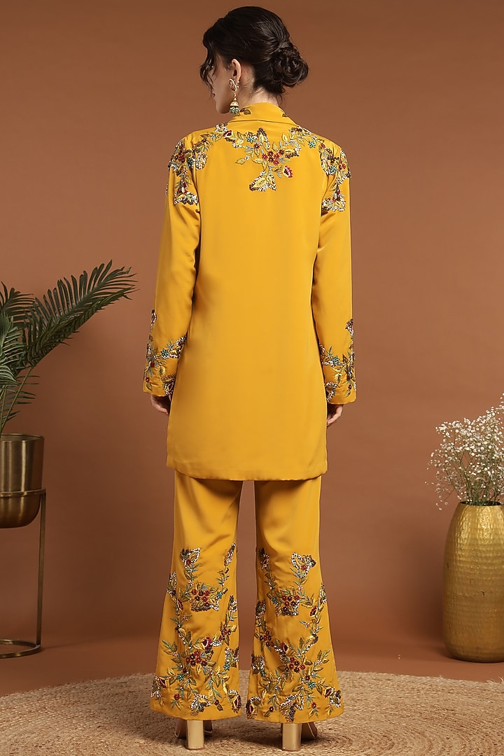 Mustard Yellow Crepe Hand & Machine Embroidered Jacket Set by Rirasa at Pernia's Pop Up Shop