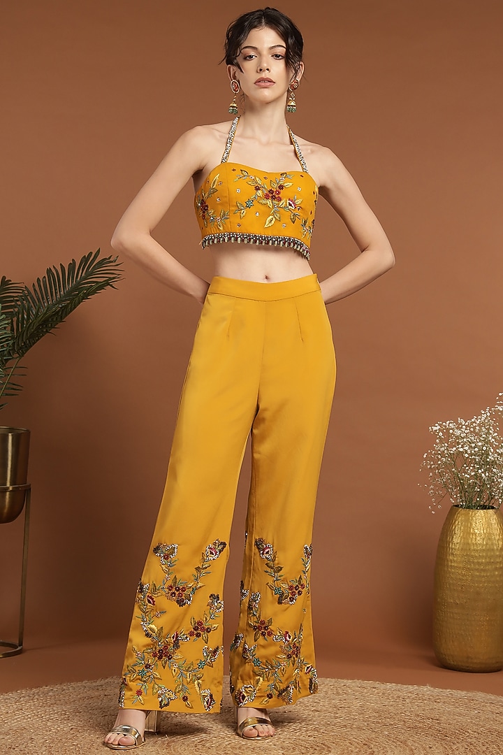 Mustard Yellow Crepe Hand & Machine Embroidered Jacket Set by Rirasa at Pernia's Pop Up Shop