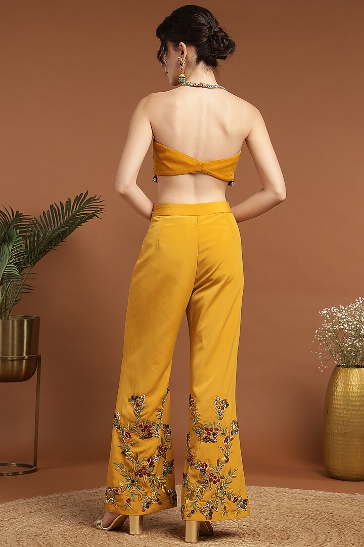 Mustard Yellow Crepe Hand & Machine Embroidered Jacket Set by Rirasa at Pernia's Pop Up Shop