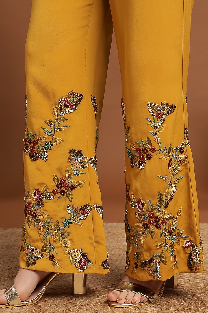Mustard Yellow Crepe Hand & Machine Embroidered Jacket Set by Rirasa at Pernia's Pop Up Shop