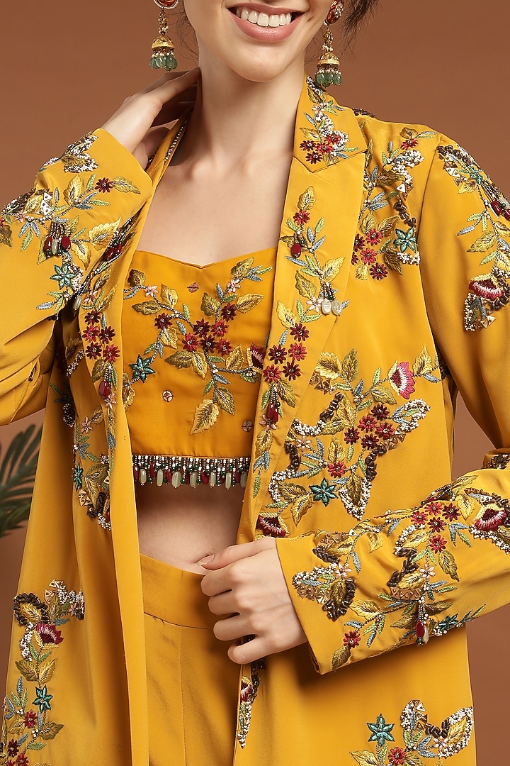 Mustard Yellow Crepe Hand & Machine Embroidered Jacket Set by Rirasa at Pernia's Pop Up Shop