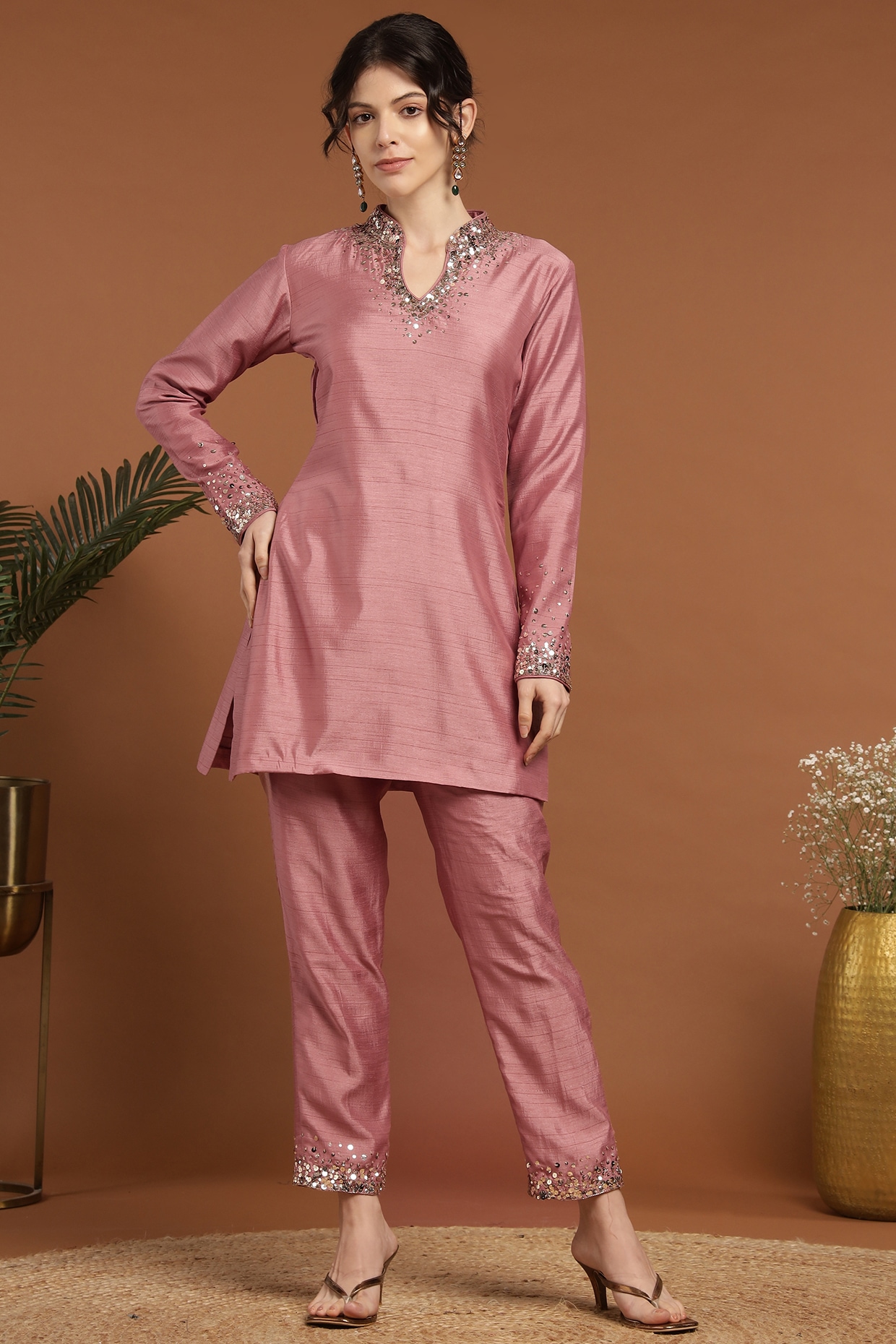 Rosa Pink Silk Embroidered Kurta Set